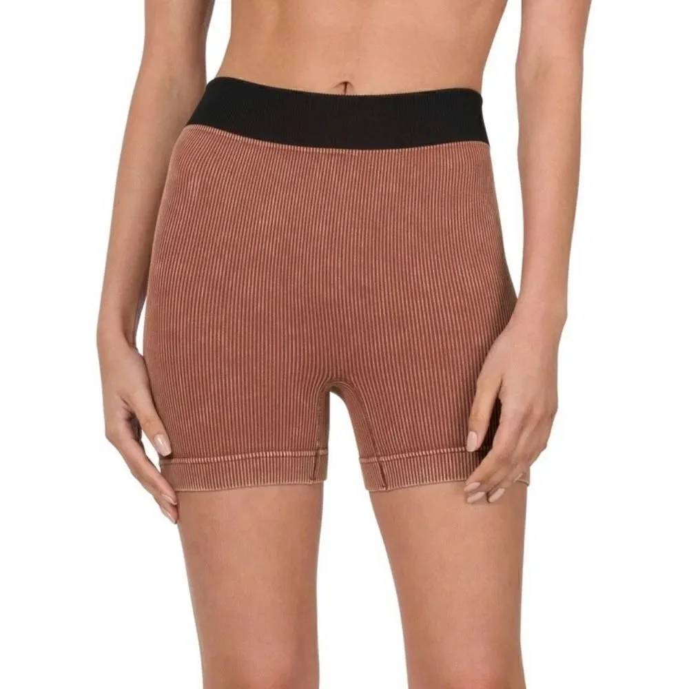 NEW Mineral Washed Ribbed Seamless High Rise Shorts in Dark Rust Size L/XL